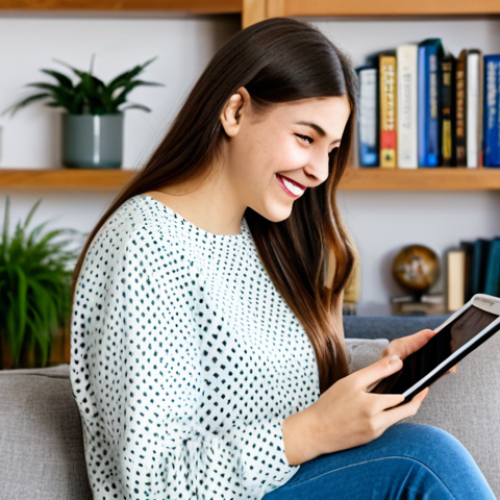 Language Learning at Home**

A young woman, fully clothed in comfortable, modest clothing, using a language learning app on her tablet in a bright, modern living room. She is smiling and engaged. The background includes bookshelves and plants. Safe for work, appropriate content, professional, family-friendly, perfect anatomy, natural proportions, well-formed hands, proper finger count, natural pose.

**