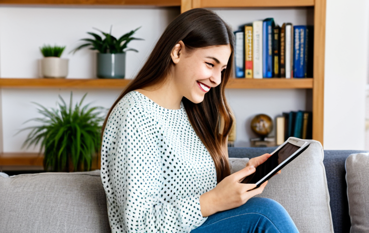 Language Learning at Home**

A young woman, fully clothed in comfortable, modest clothing, using a language learning app on her tablet in a bright, modern living room. She is smiling and engaged. The background includes bookshelves and plants. Safe for work, appropriate content, professional, family-friendly, perfect anatomy, natural proportions, well-formed hands, proper finger count, natural pose.

**