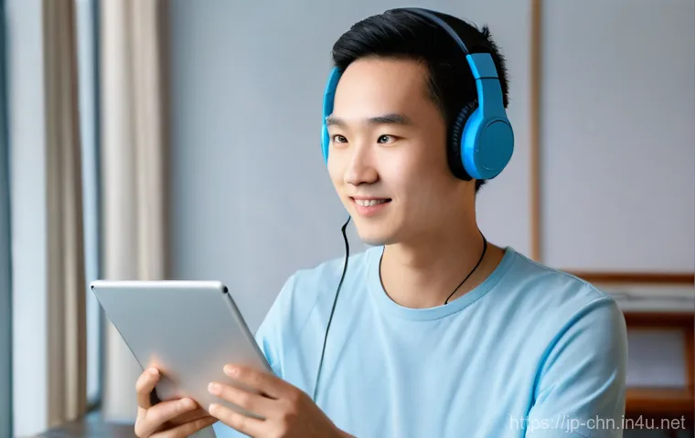 중국어 듣기 시험 대비 방법 - **Prompt:** A young adult, appearing to be in their late teens, is intensely focused on a tablet scr...