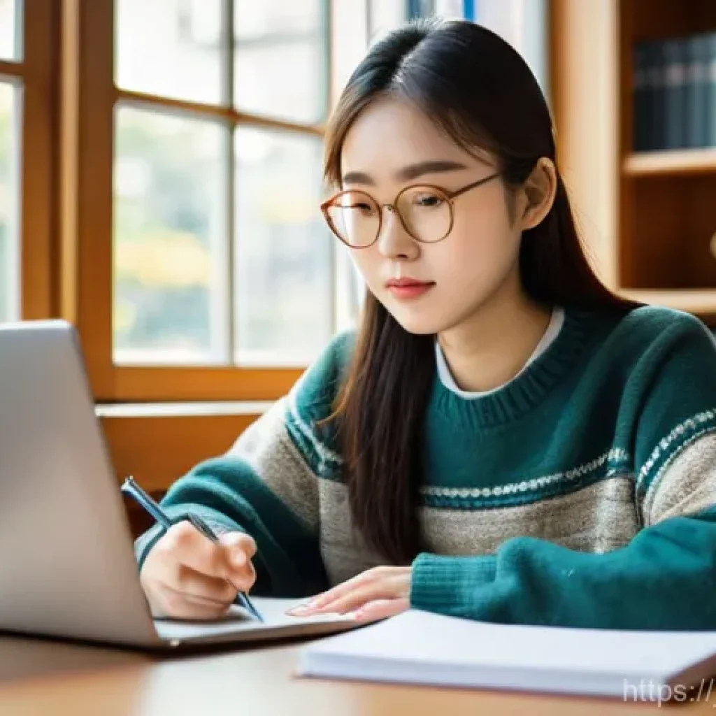 HSK 자격증으로 학점 인정받기 - A focused young East Asian woman, approximately 20 years old, diligently studying Chinese in a sunli...