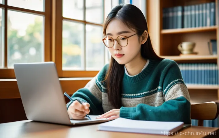HSK 자격증으로 학점 인정받기 - A focused young East Asian woman, approximately 20 years old, diligently studying Chinese in a sunli...