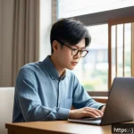 HSK 독학으로 합격하기 - A focused Japanese learner studying Chinese vocabulary efficiently at a modern desk with a laptop, s...